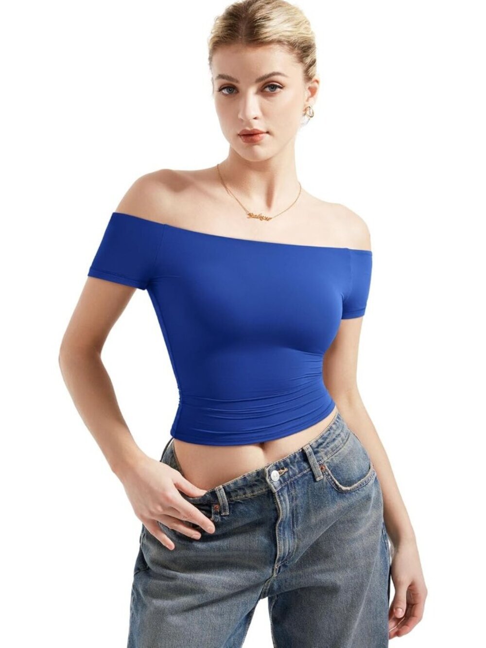 Women's Sapphire Blue Off The Shoulder Double Lined Slim Fit Imported Tops Shirt - Picture 2 of 7